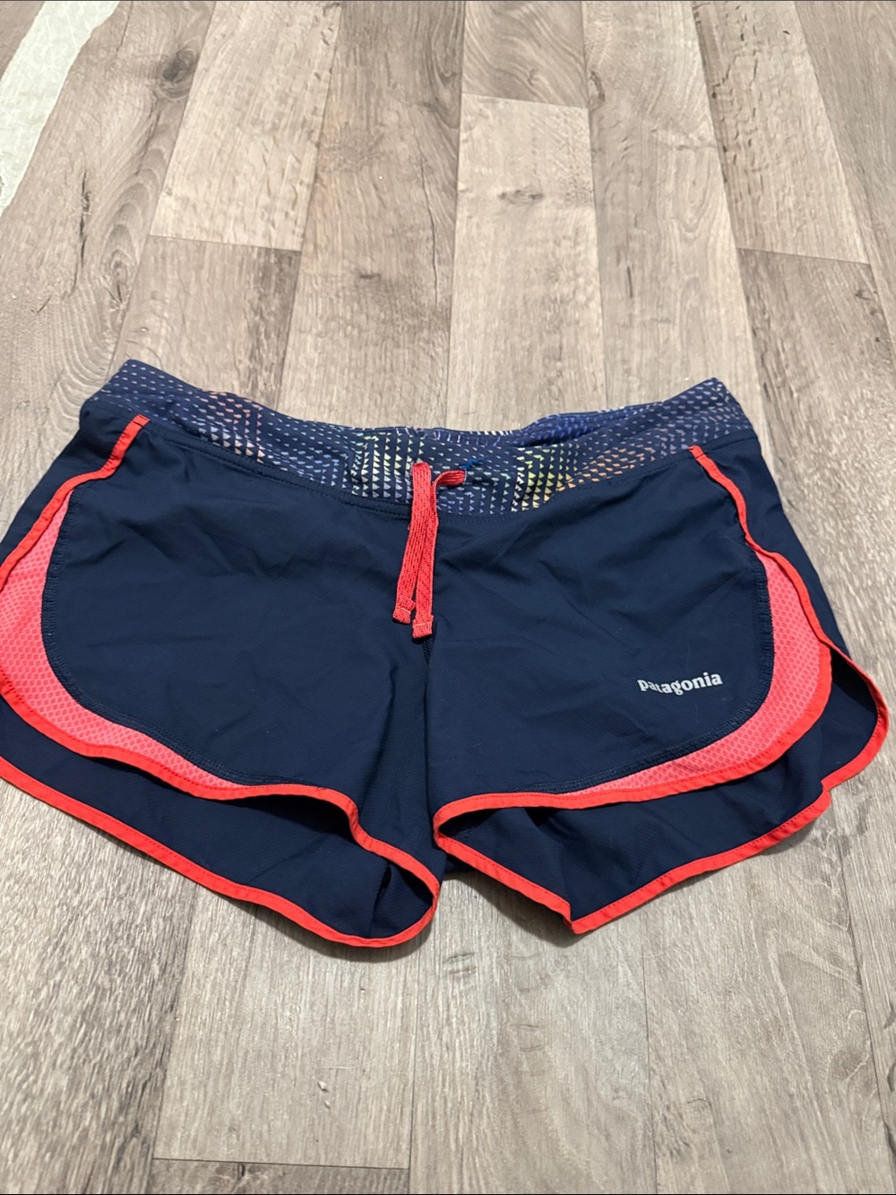 Patagonia Navy Athletic Shorts with Coral Trim